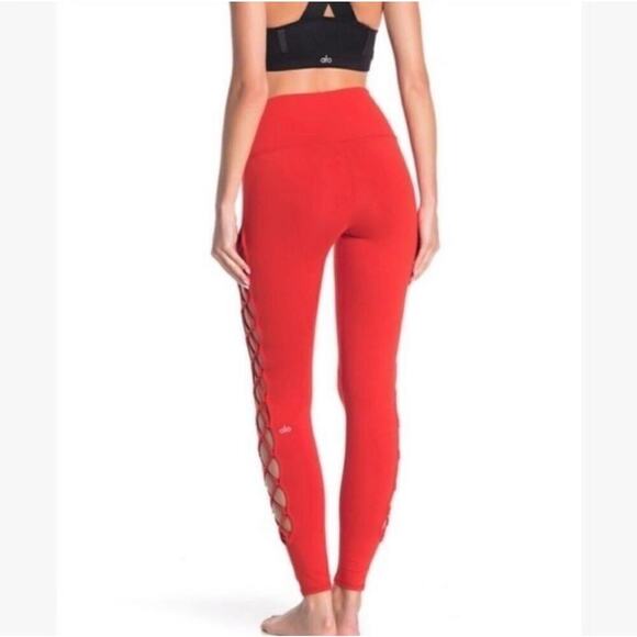 Alo Yoga Interlace High Waist Leggings Lace Up Cutouts Red Orange Size XXS - Picture 3 of 6